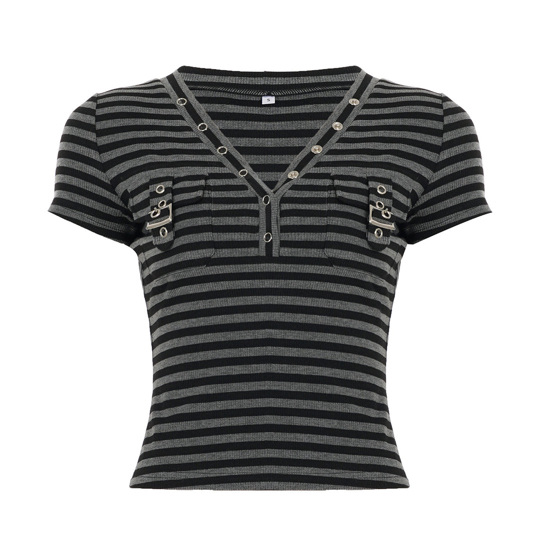 Damen Kurzarm Shirt mit dekorativem V-Ausschnitt und praktischem Taschen-Design Drune