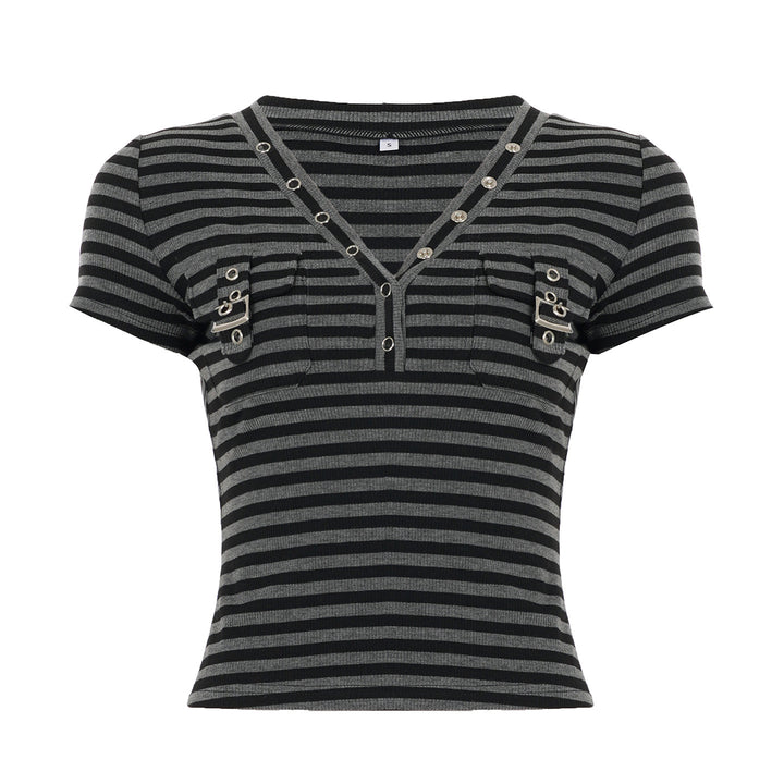 Damen Kurzarm Shirt mit dekorativem V-Ausschnitt und praktischem Taschen-Design Drune