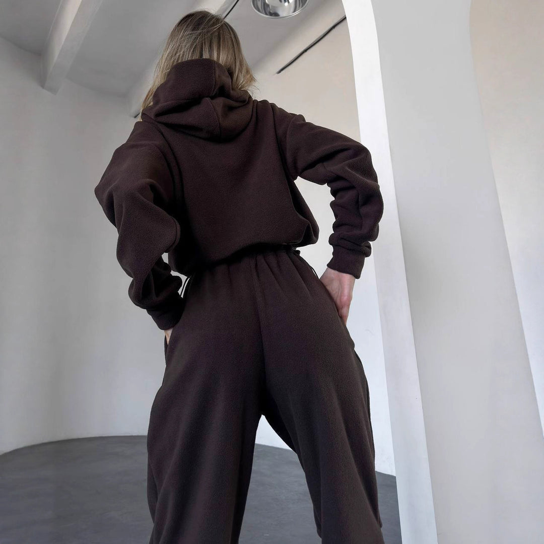 Damen gemütlicher Fleece-Jumpsuit mit Kapuze und elastischem Bund Drune