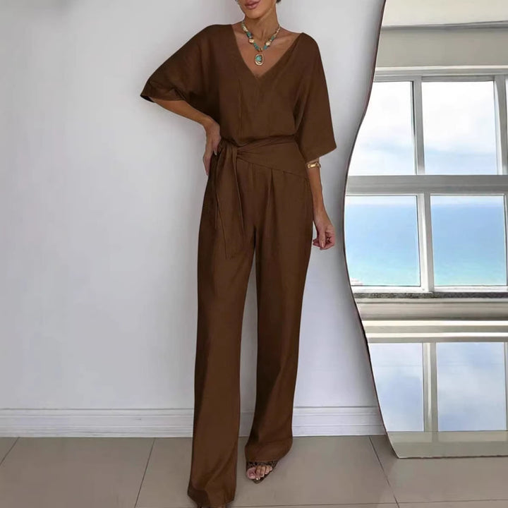 Damen Eleganter Jumpsuit mit tailliertem Schnitt und Wickelgürtel Drune