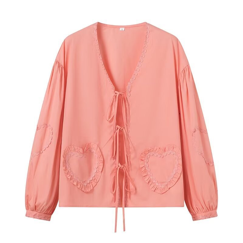 Damen Verspielte Bluse mit Herz-Applikationen und Rüschendetails Drune