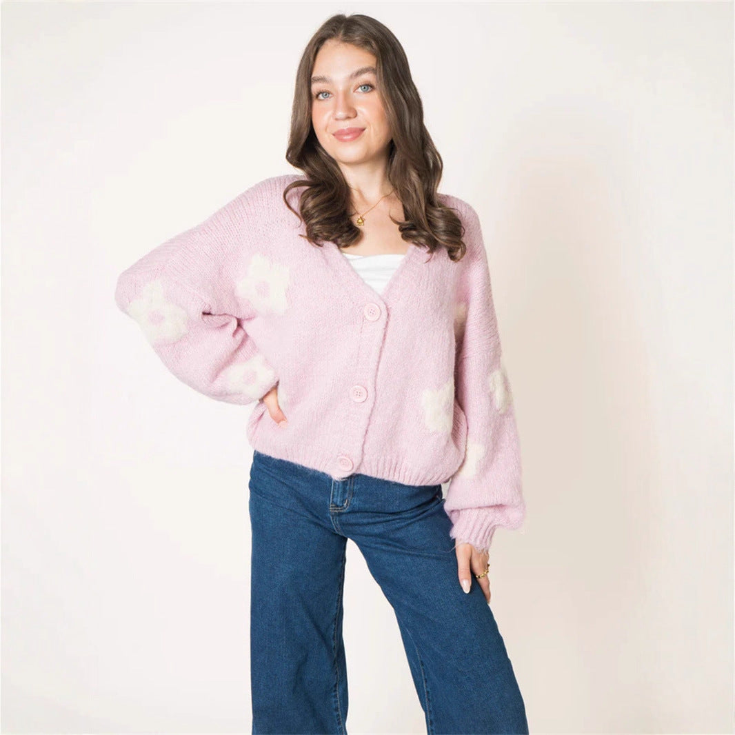 Damen Strickjacke mit floralem Muster und voluminösen Ärmeln Drune