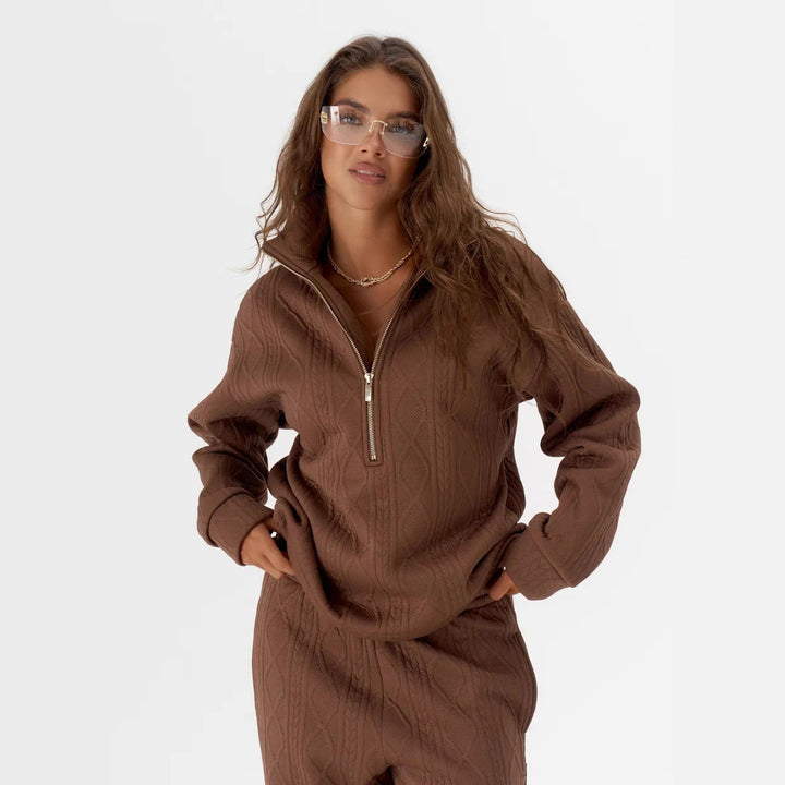 Damen kuscheliger Fleece-Loungewear-Set mit Reißverschluss und Rippstruktur Drune