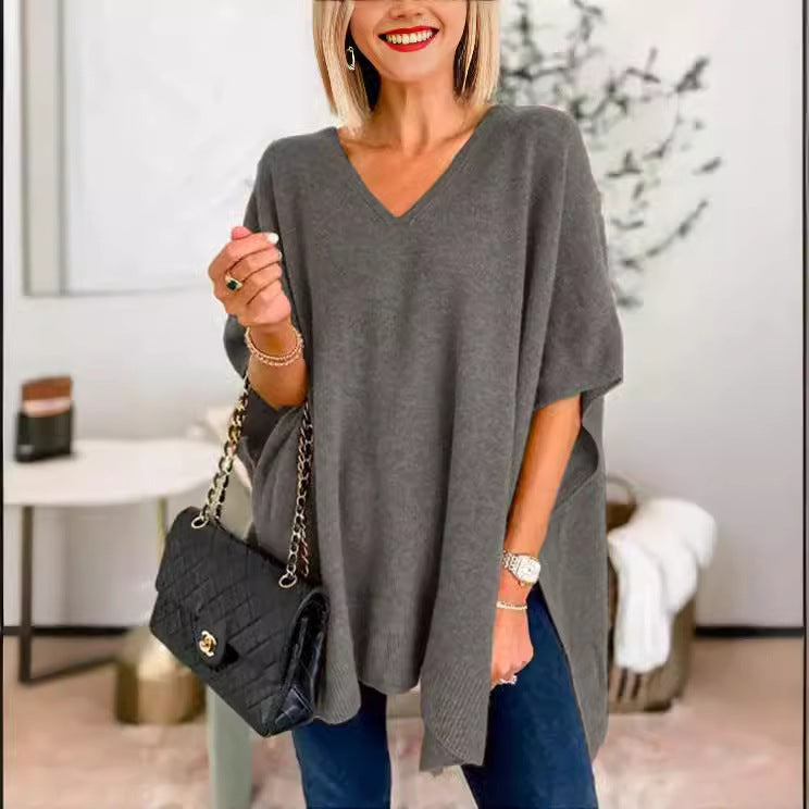 Damen lässiger Strickponcho mit V-Ausschnitt und überschnittenen Ärmeln Drune