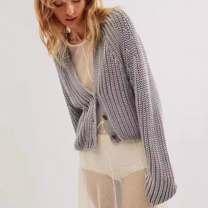 Damen lässige Strickjacke mit dekorativem Knopfverschluss und voluminösen Ärmeln Drune