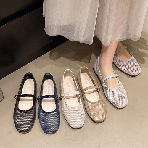 Damen Bequeme Mesh-Ballerinas mit verstellbarem Riemchen Drune
