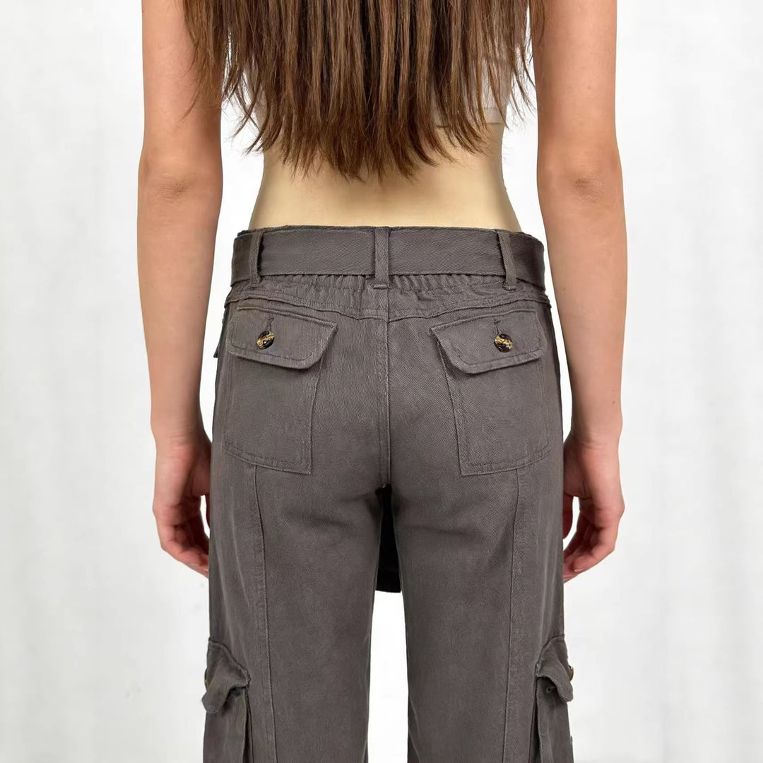 Damen nan weite Cargo-Hose mit hoher Taille, Bindegürtel und mehreren aufgesetzten Klappentaschen Drune