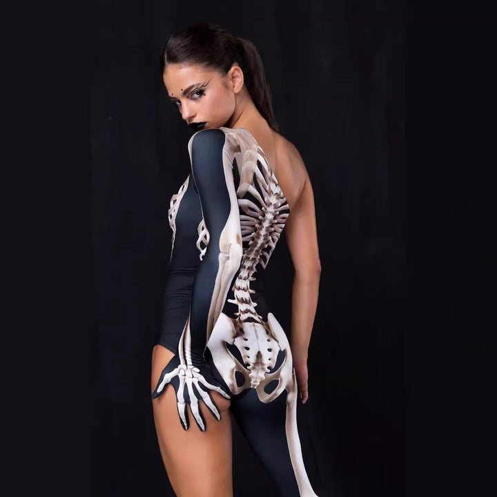 Damen Figurbetonter Bodysuit mit kreativem Skelettdesign und asymmetrischem Schnitt Drune