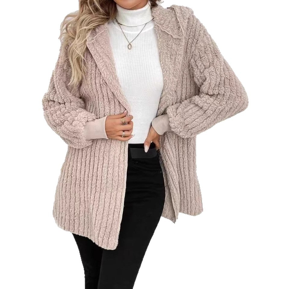 Damen Flauschige Strickjacke mit Kapuze und strukturiertem Design Drune