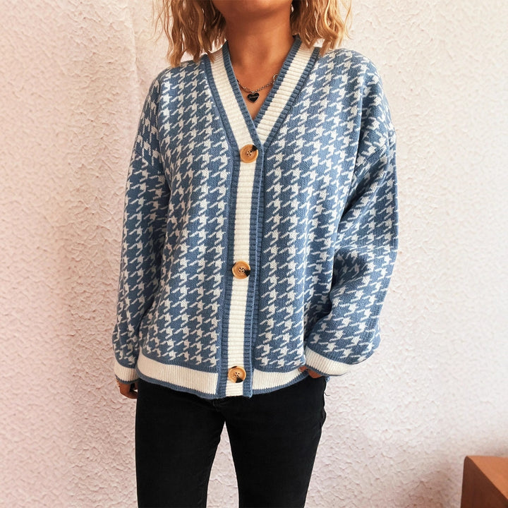 Damen lässiger Strickcardigan mit modischem Hahnentritt-Muster und Holzknöpfen Drune