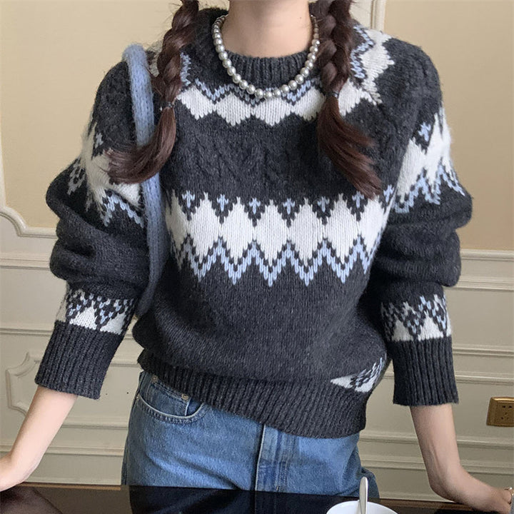 Damen modischer Strickpullover mit grafischem Muster Drune