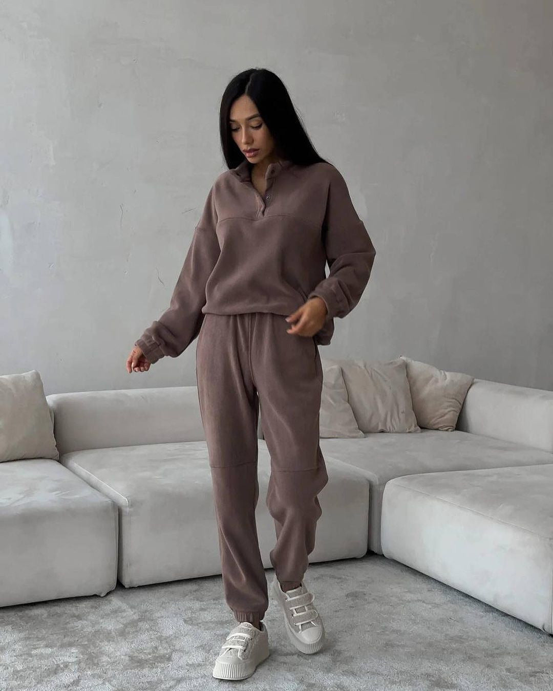 Damen Freizeitlicher Fleece-Pullover mit halber Knopfleiste und lässigem Schnitt Drune