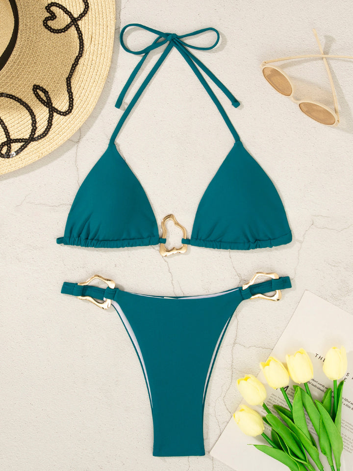 Damen Triangel-Bikini mit verstellbaren Trägern und dekorativen Schnallen Drune