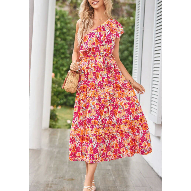 Damen Maxikleid mit asymmetrischem Schnitt und floralem Volantdesign Drune