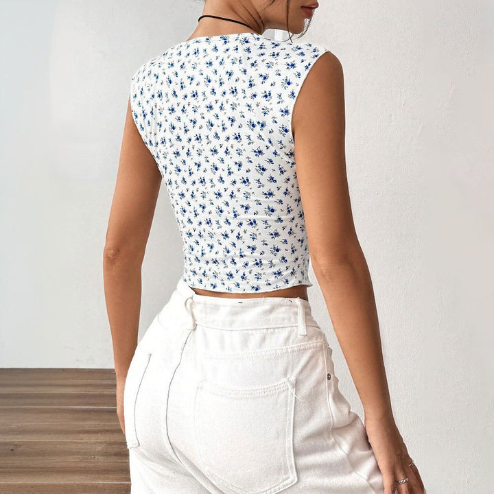 Damen modisches Crop-Top mit floralem Muster und Raffungsdetails Drune