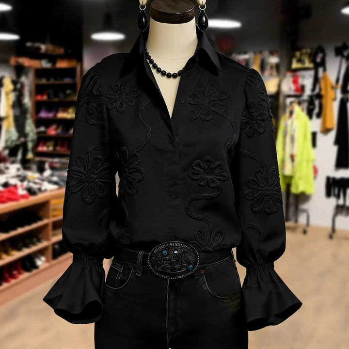 Damen elegante Bluse mit floraler Stickerei und voluminösen Ärmeln Drune