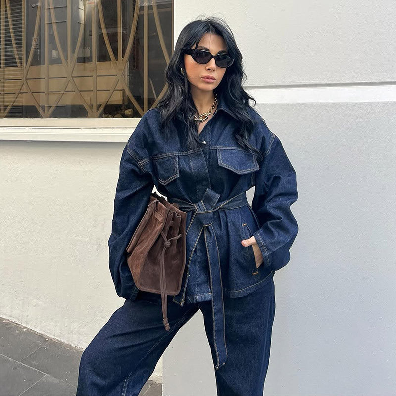 Damen lässige Denim-Jacke mit Gürtel und weitem Schnitt Drune