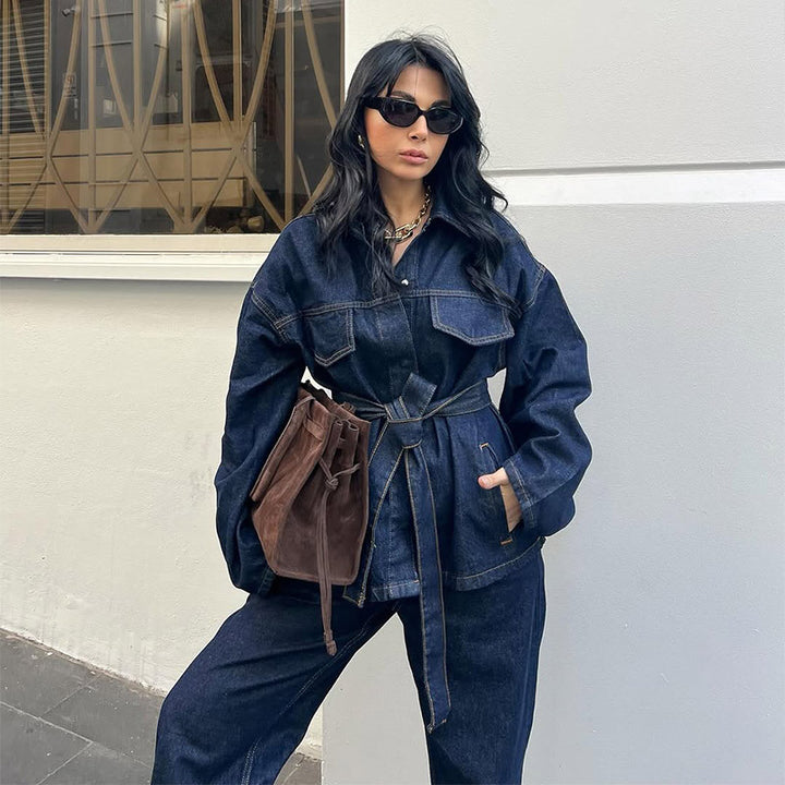 Damen lässige Denim-Jacke mit Gürtel und weitem Schnitt Drune