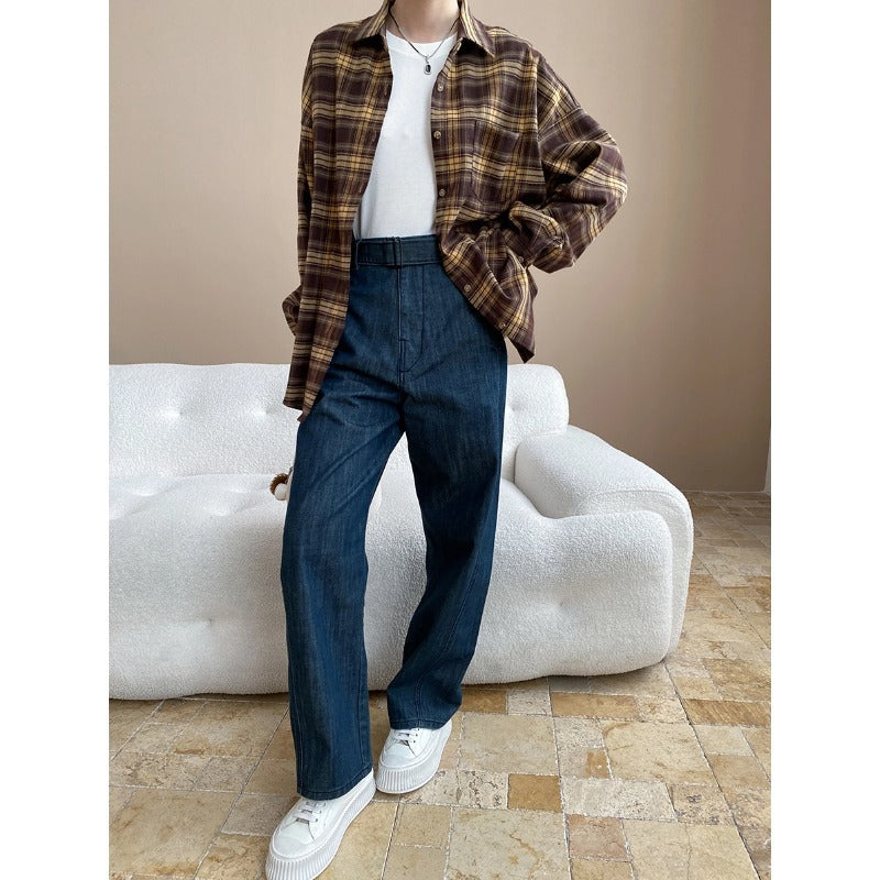Damen lässige High-Waist Jeans mit weitem Bein und elastischem Bund Drune