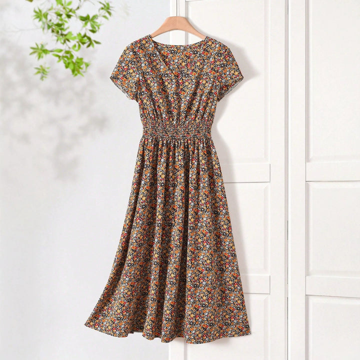 Damen Sommerliches Midikleid mit elastischem Bund und floralen Mustern Drune
