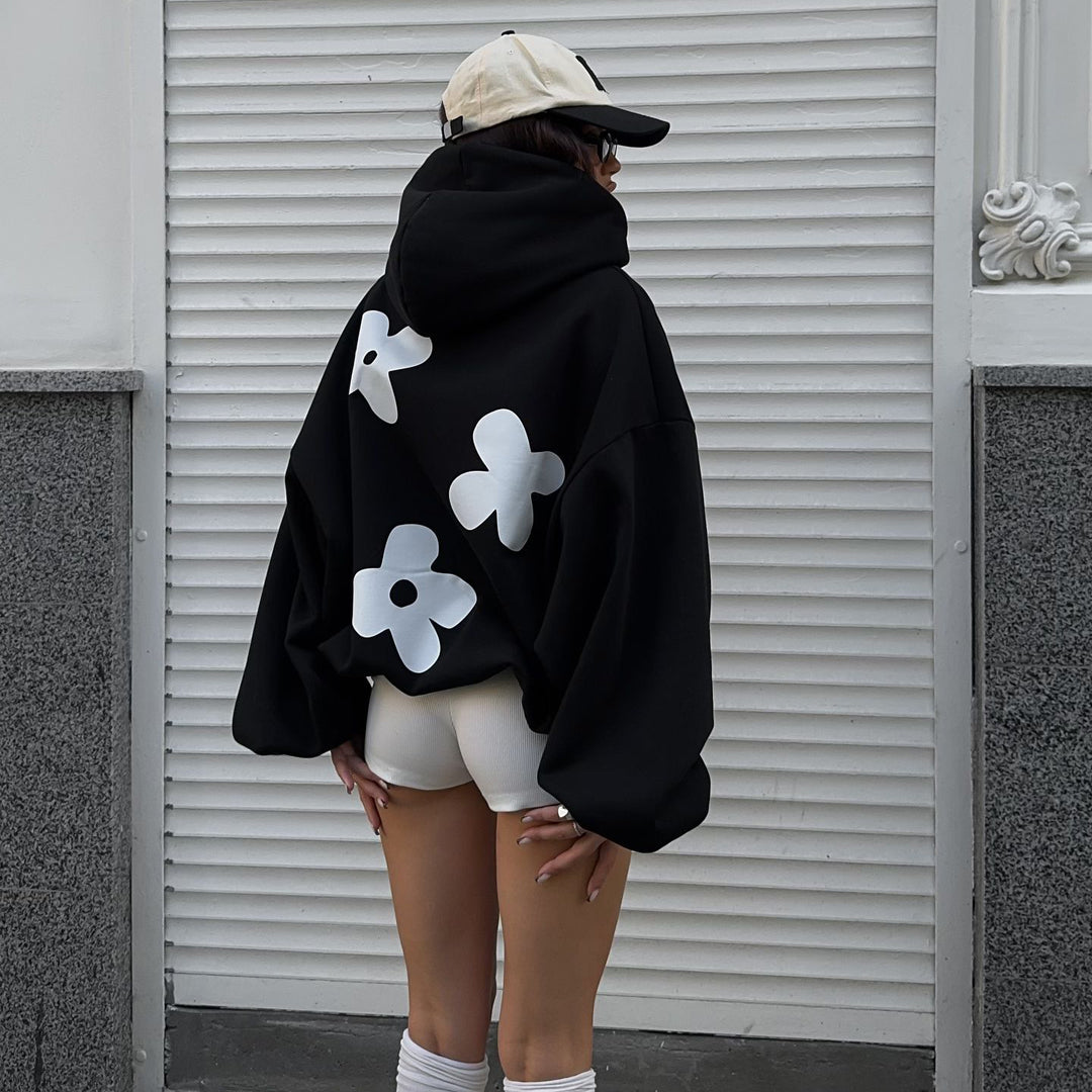Damen oversized Kapuzenpullover mit kreativen Blumenmotiven Drune