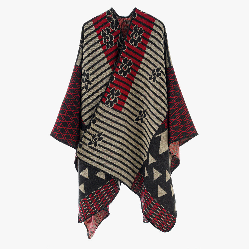 Damen Eleganter Poncho mit grafischem Muster und weichen Fransen Drune