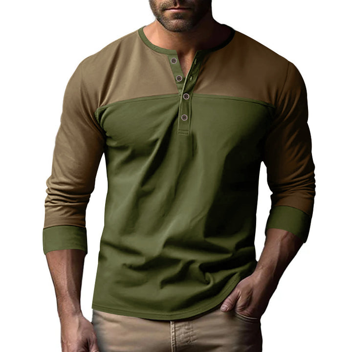 Herren nan zweifarbiges Langarmshirt im Henley-Stil mit Schulterpasse, kurzer Knopfleiste und Rippbündchen Drune