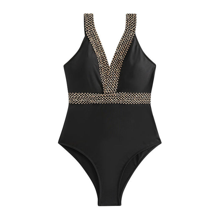 Damen Hochwertiger Einteiler Badeanzug mit tiefem V-Ausschnitt und eleganten Schmuckdetails Drune