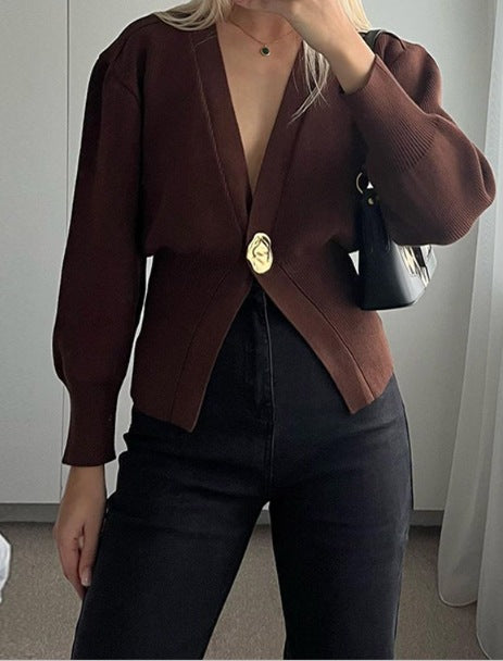 Damen modische Strickjacke mit tiefem V-Ausschnitt und eleganter Knopfleiste Drune
