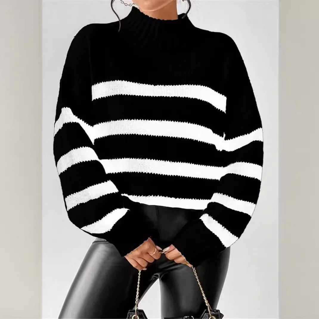 Damen Grobstrickpullover mit modischen Streifen und hohem Kragen Drune