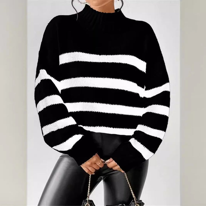 Damen Grobstrickpullover mit modischen Streifen und hohem Kragen Drune