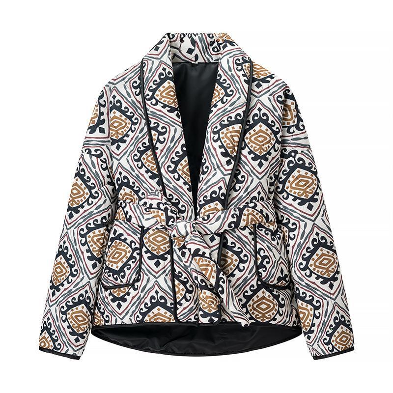 Damen modische Blazerjacke mit Bindegürtel und kunstvollem Muster Drune