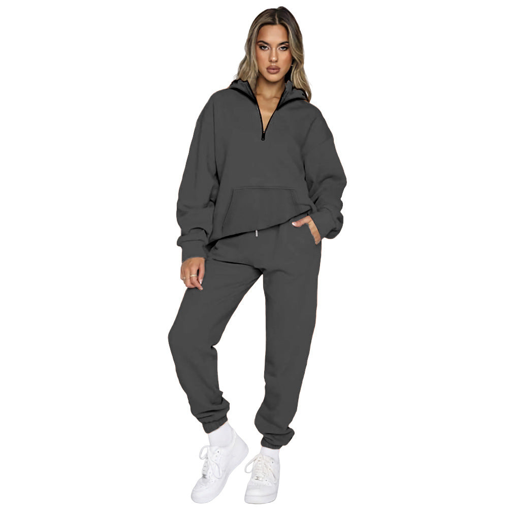 Damen gemütlicher Two-Piece Sweatsuit mit halbem Reißverschluss und praktischen Taschen Drune