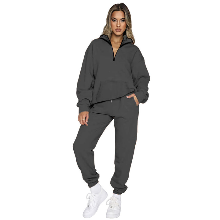 Damen gemütlicher Two-Piece Sweatsuit mit halbem Reißverschluss und praktischen Taschen Drune