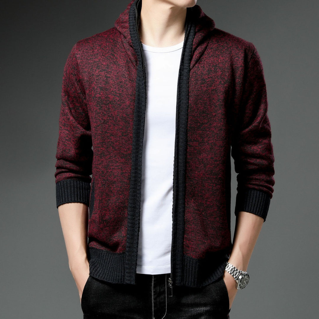Herren Moderne Strickjacke mit Kapuze und schwarz-weißen Akzenten Drune