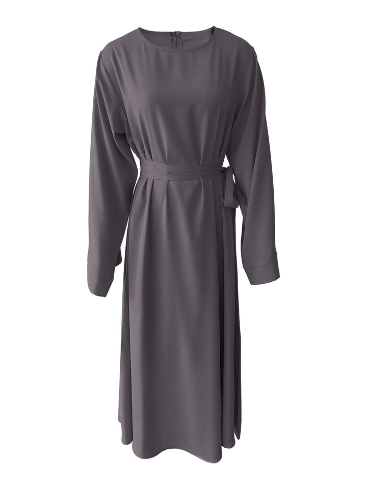 Damen Midi-Kleid mit elegantem Taillengürtel und langen Ärmeln Drune