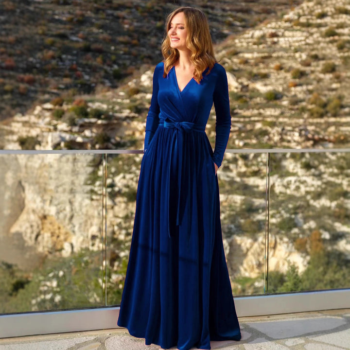 Damen nan elegantes Wickelmaxikleid aus Samt mit V-Ausschnitt, Taillengürtel und seitlichen Eingrifftaschen Drune
