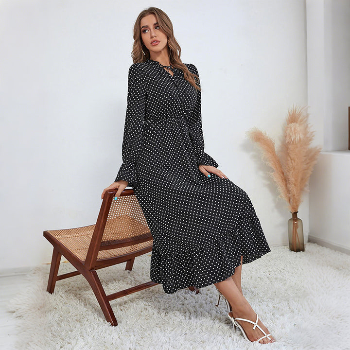 Damen Maxikleid mit eleganten Punkten und taillierbarem Gürtel Drune