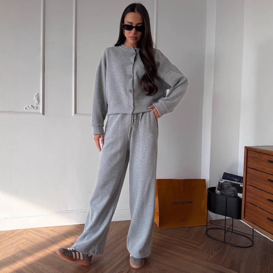 Damen lässiger Kapuzenanzug mit weiten Beinen und Knopfdetails Drune