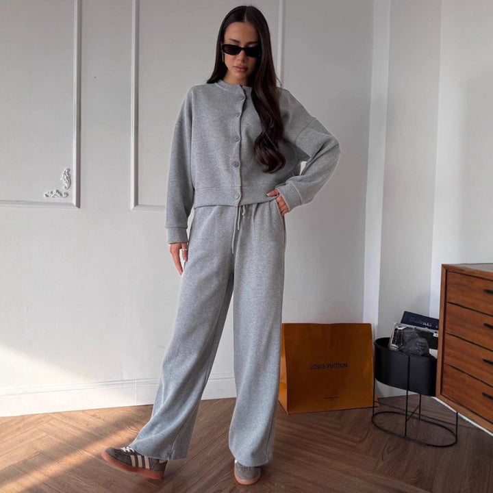 Damen lässiger Kapuzenanzug mit weiten Beinen und Knopfdetails Drune