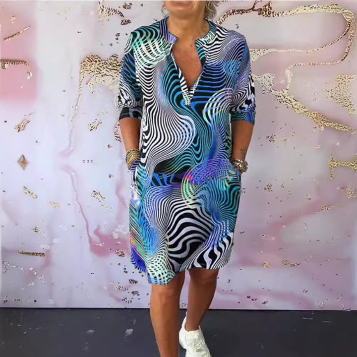 Damen nan locker fallendes V-Ausschnitt Jerseykleid mit abstraktem Wellenprint und knielangem Schnitt Drune