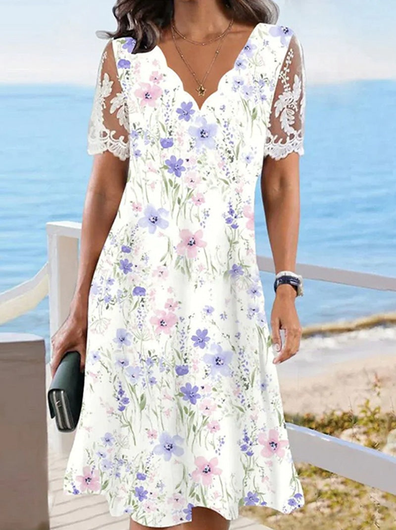 Damen nan A-Linien-Midikleid mit wellenförmigem V-Ausschnitt, ganzflächigem Blumenmuster und transparenten Spitzenärmeln Drune