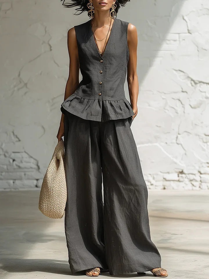 Damen lässiger Jumpsuit mit peplum Schnitt und Knopfdetails Drune