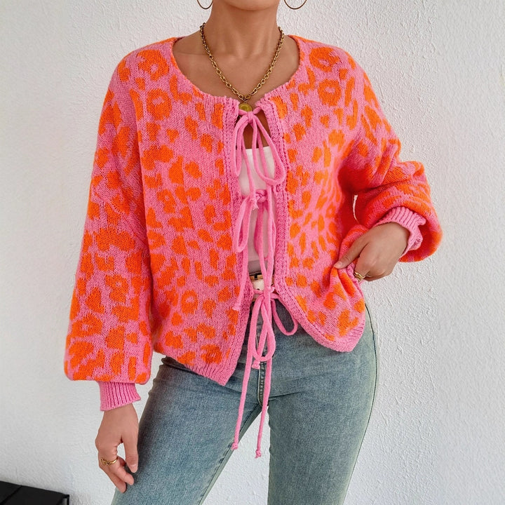 Damen Strickjacke mit einzigartigem Leopardenmuster und verstellbarem Kordelzug Drune