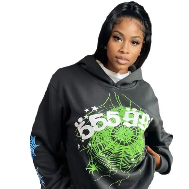 Damen Kapuzenpullover mit kreativem Spinnennetz-Design und modischem Schriftzug Drune