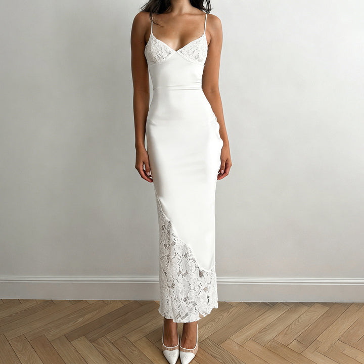 Damen verführerisches Satin-Nachtkleid mit feiner Spitze und verstellbaren Spaghetti-Trägern Drune