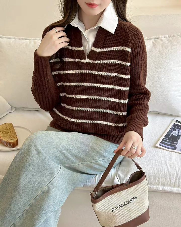 Damen Strickpullover mit V-Ausschnitt und gestreiftem Design Drune