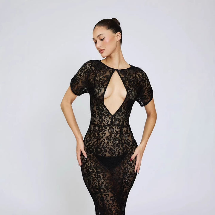 Damen Spitzenkleid mit tiefem Ausschnitt und ausgestelltem Schnitt Drune