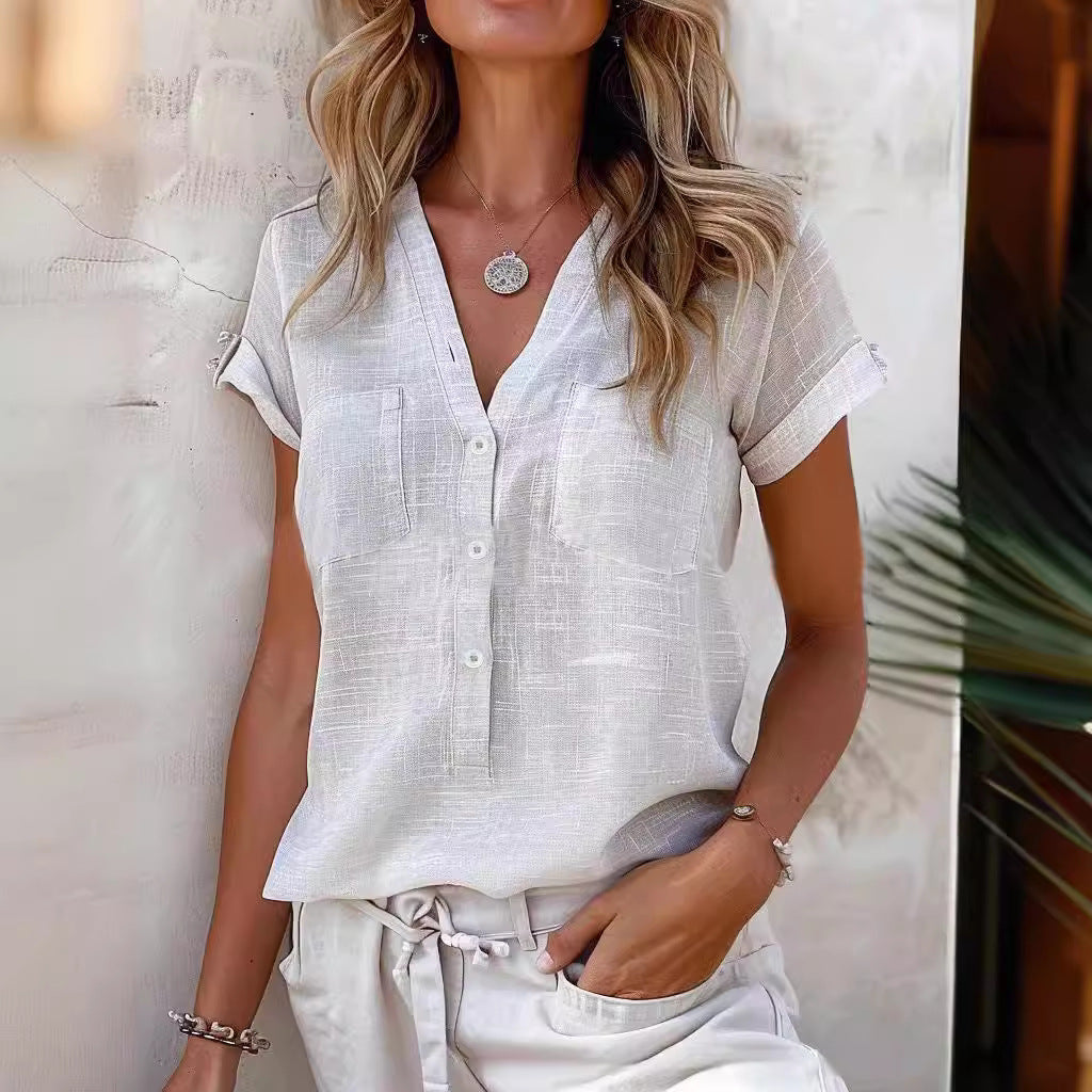 Damen Kurzarm Bluse mit Knopfleiste und Brusttaschen Drune