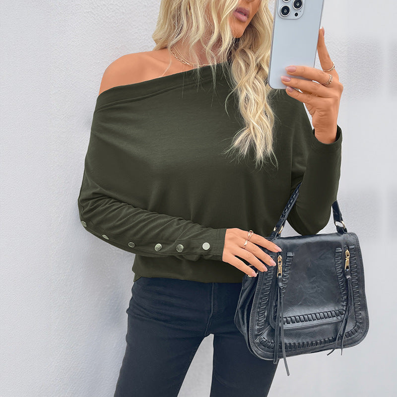 Damen Oversized Langarmshirt mit asymmetrischem Ausschnitt und feinen Knopfdetails Drune